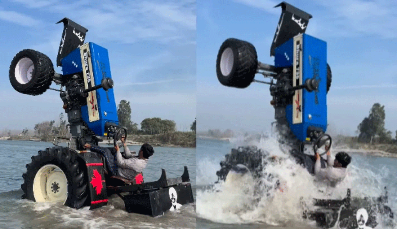 Man Performs Dangerous Stunt on Tractor in Middle of River