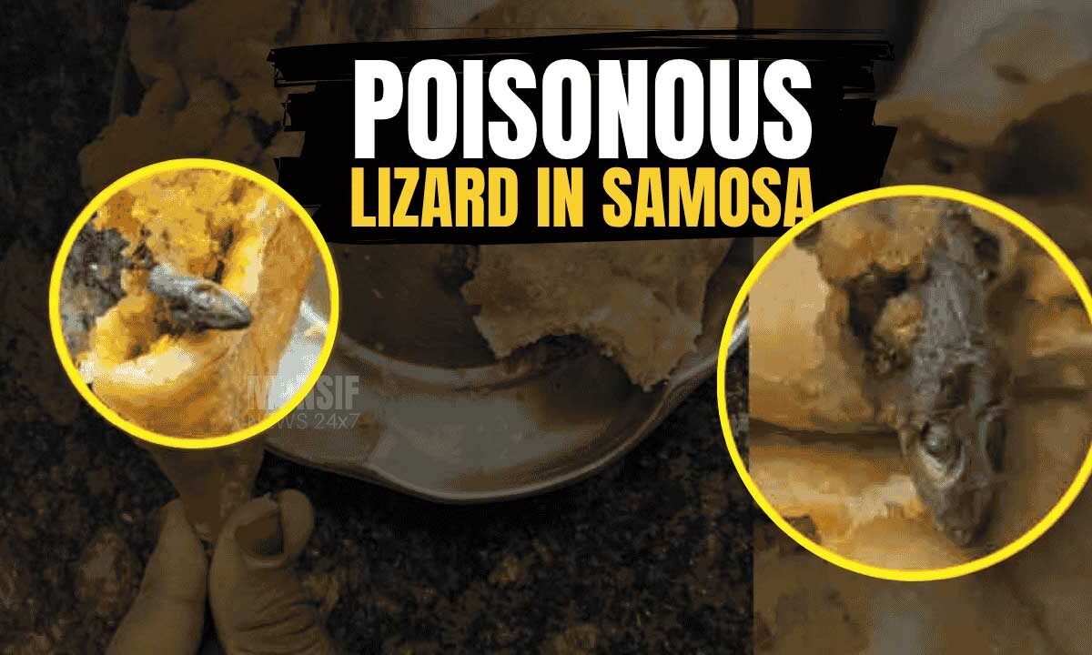 The contaminated samosa containing a lizard, which caused critical illness in a Telangana girl. Text overlay reads "POISONOUS LIZARD IN SAMOSA".