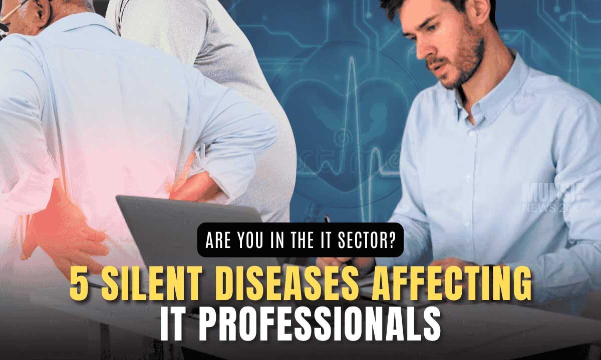 IT professionals working long hours at computer desks, highlighting the sedentary risks and ergonomic challenges of the modern tech industry.