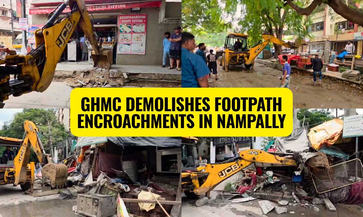 GHMC officials oversee the demolition of illegal encroachments on a footpath in Nampally's Ahmed Nagar division on Monday.