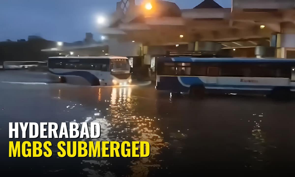 Floodwaters from the Musi River submerge platforms at the Mahatma Gandhi Bus Station (MGBS) in Hyderabad.
