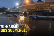 Floodwaters from the Musi River submerge platforms at the Mahatma Gandhi Bus Station (MGBS) in Hyderabad.