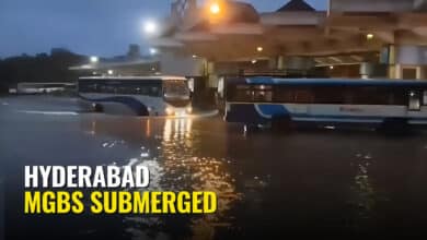 Floodwaters from the Musi River submerge platforms at the Mahatma Gandhi Bus Station (MGBS) in Hyderabad.