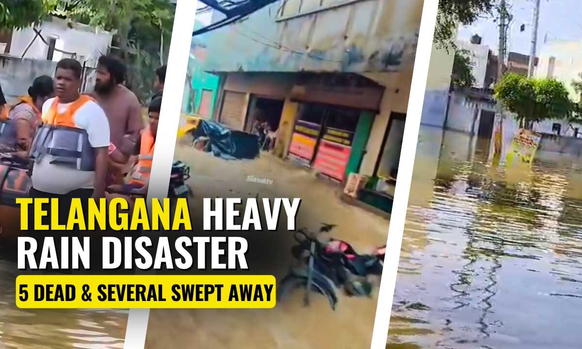 Vehicles submerged and swept away on a waterlogged street in Hyderabad following the record-breaking rainfall on September 22, 2025.