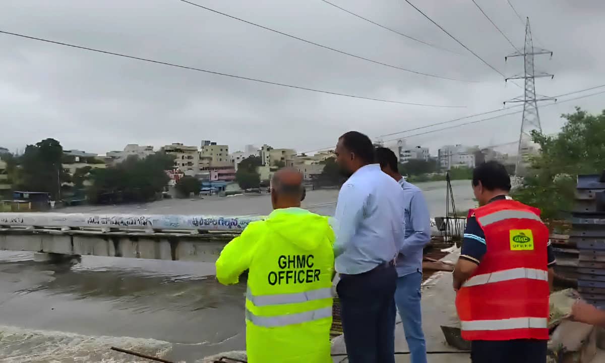 The under-construction Moosarambagh high-level bridge over the swollen Musi River following recent floods.
